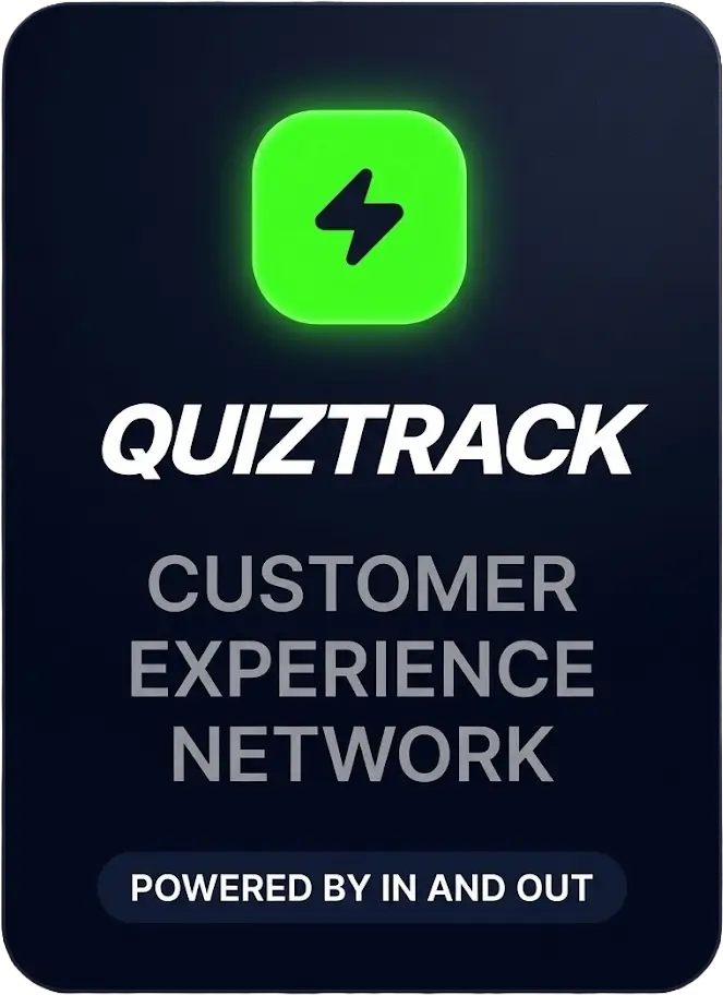 Logotipo de QuizTrack con ícono de rayo verde neón y subtítulo Customer Experience Network